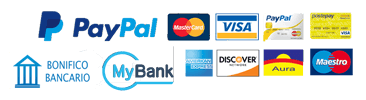 Paga con Paypal, carta di credito, carta di debito, ricaricabile, Bonifico, MyBank